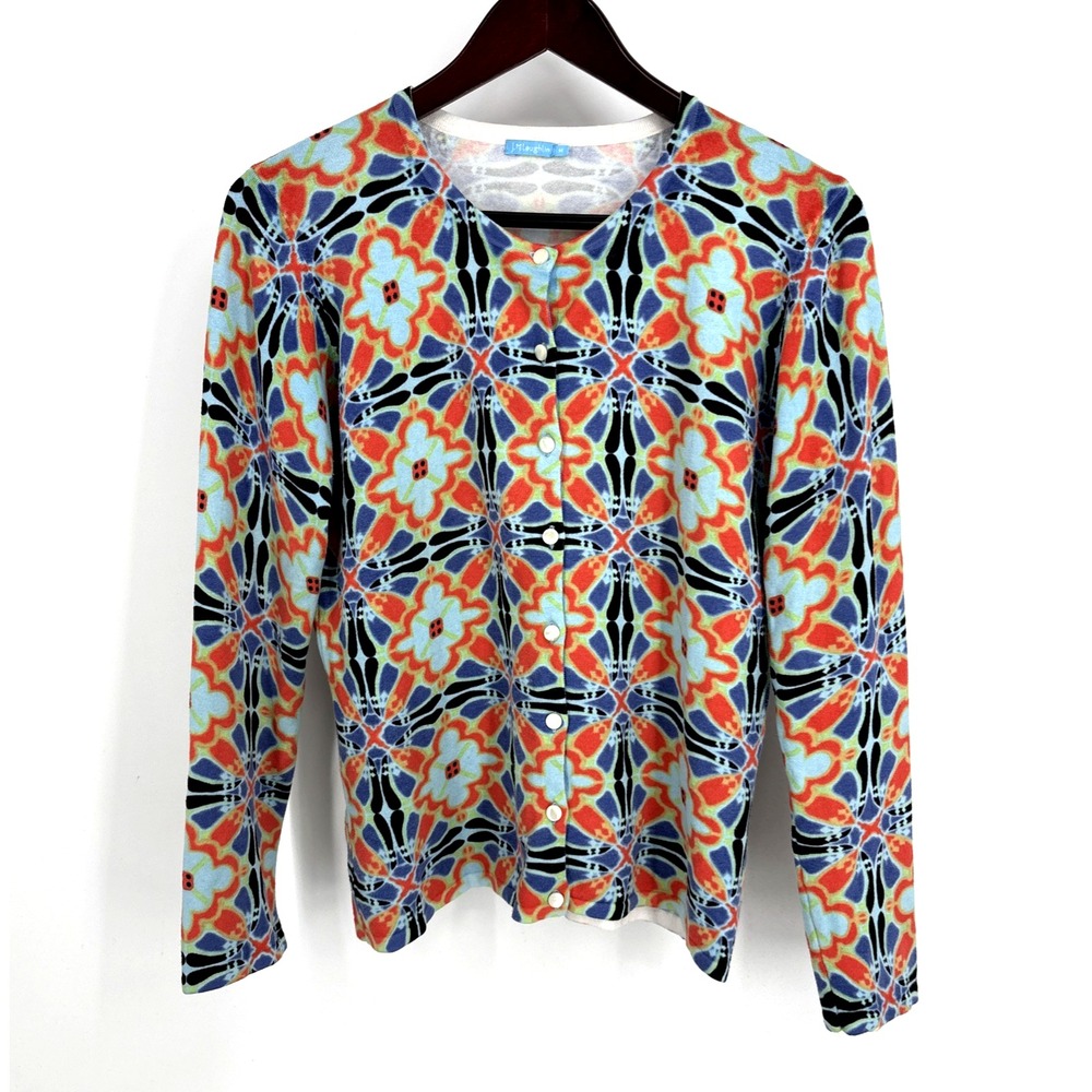 J. McLaughlin Blue Red Abstract Boho Print‎ Preppy Old Money Cardigan Sweater M